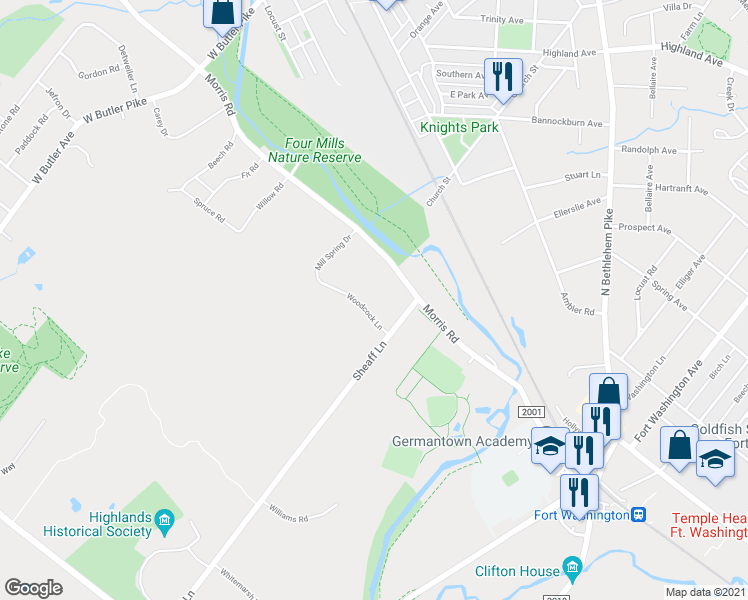 map of restaurants, bars, coffee shops, grocery stores, and more near 281 Woodcock Lane in Ambler