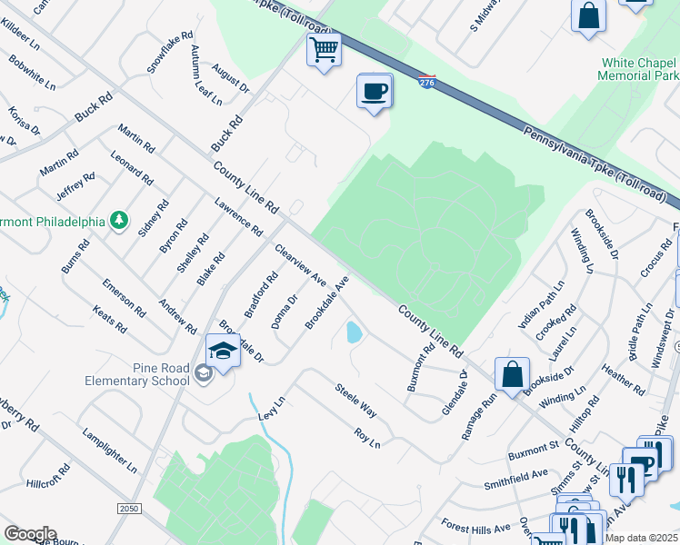 map of restaurants, bars, coffee shops, grocery stores, and more near 214 County Line Road in Montgomery County