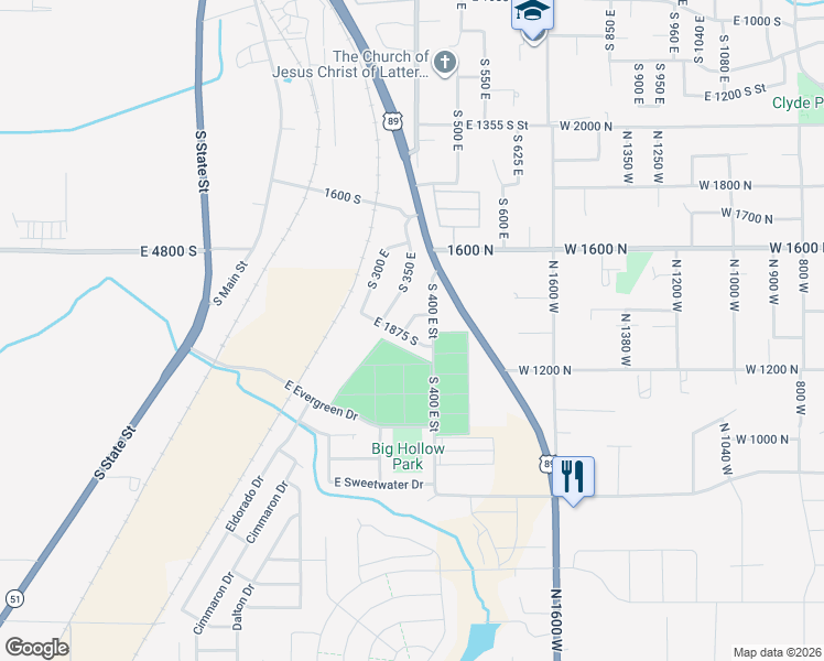 map of restaurants, bars, coffee shops, grocery stores, and more near 1790 South 400 East in Springville