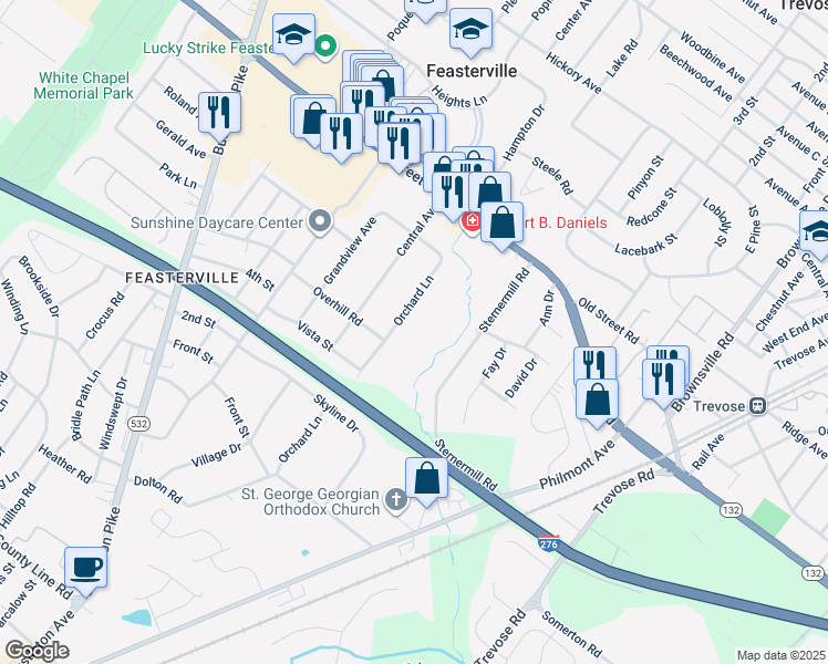 map of restaurants, bars, coffee shops, grocery stores, and more near 509 Orchard Lane in Feasterville-Trevose