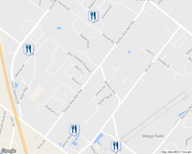 map of restaurants, bars, coffee shops, grocery stores, and more near 1416 Penllyn Blue Bell Pike in Blue Bell