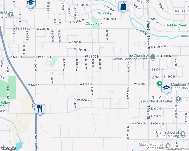 map of restaurants, bars, coffee shops, grocery stores, and more near 1330 North 800 West Street in Mapleton