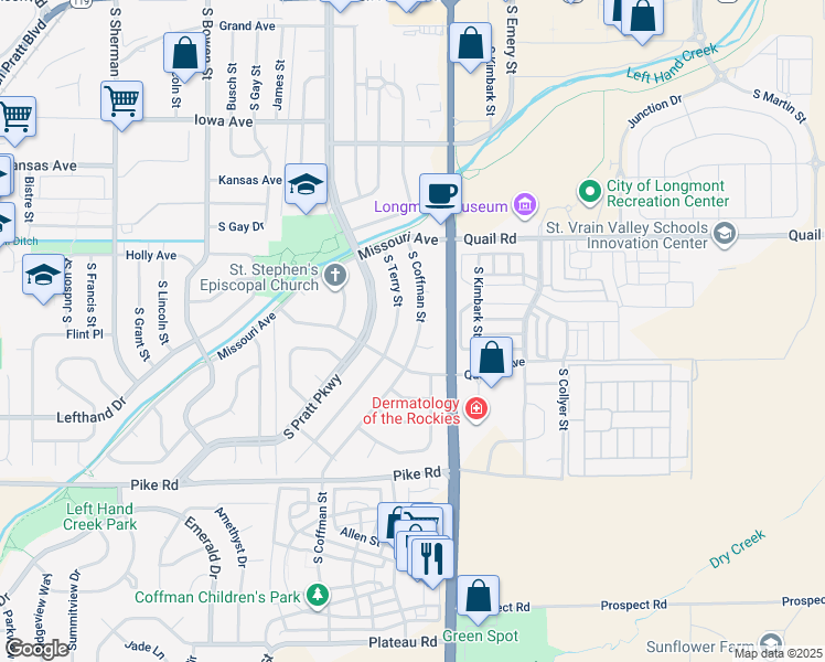 map of restaurants, bars, coffee shops, grocery stores, and more near 1316 South Coffman Street in Longmont