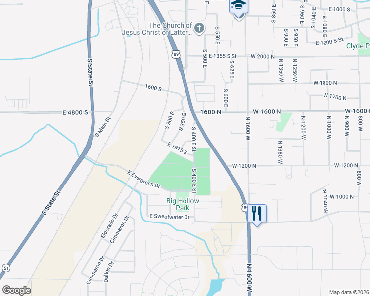 map of restaurants, bars, coffee shops, grocery stores, and more near 1790 South 400 East in Springville