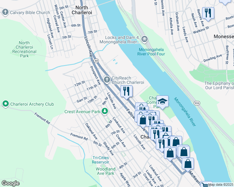 map of restaurants, bars, coffee shops, grocery stores, and more near 910 McKean Avenue in Charleroi