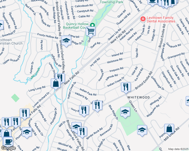 map of restaurants, bars, coffee shops, grocery stores, and more near 29 Ivy Hill Road in Levittown