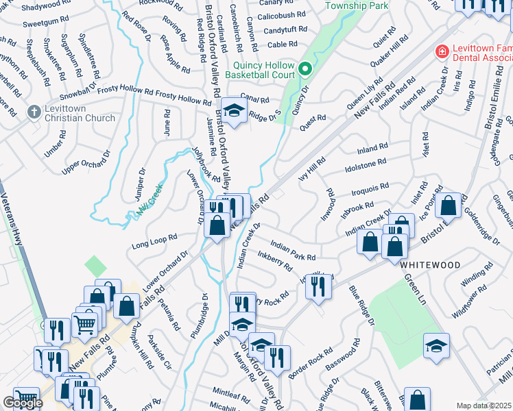 map of restaurants, bars, coffee shops, grocery stores, and more near 99 Indian Creek Pass in Levittown