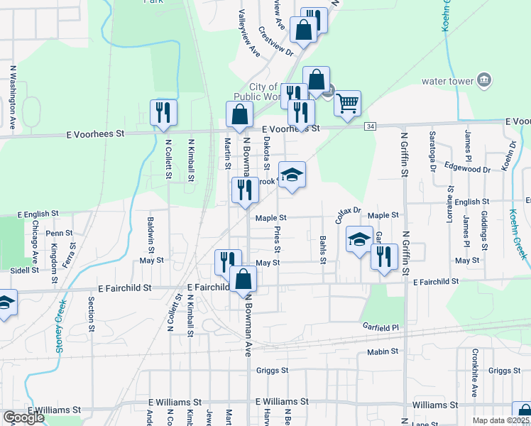 map of restaurants, bars, coffee shops, grocery stores, and more near 1101 Dakota Street in Danville