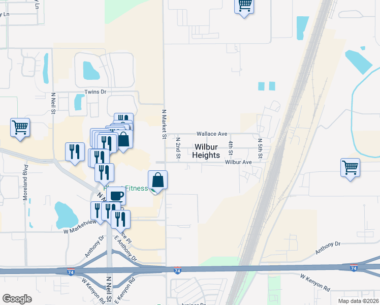 map of restaurants, bars, coffee shops, grocery stores, and more near 202 Paul Avenue in Champaign