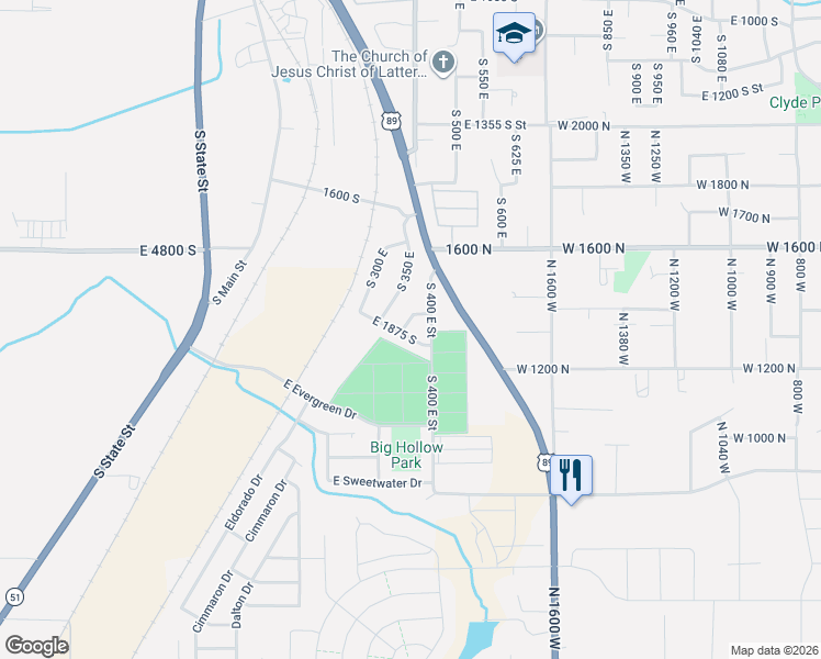map of restaurants, bars, coffee shops, grocery stores, and more near 1853 South 375 East in Springville