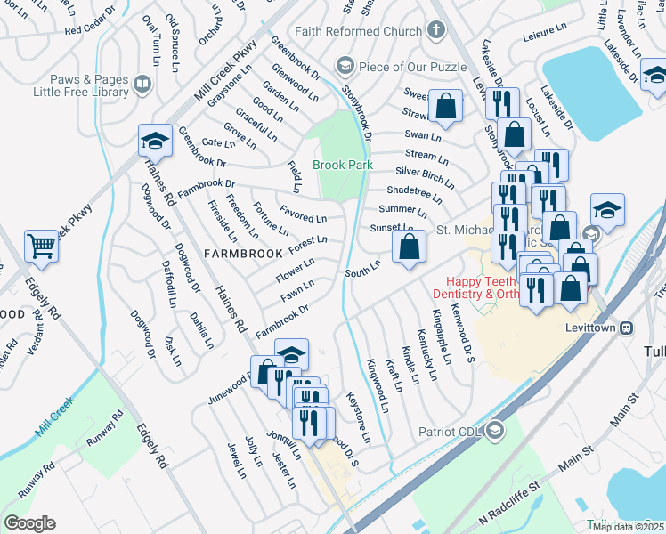 map of restaurants, bars, coffee shops, grocery stores, and more near 54 Flower Lane in Levittown