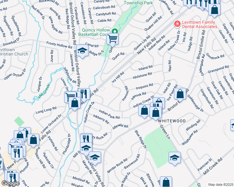 map of restaurants, bars, coffee shops, grocery stores, and more near 29 Ivy Hill Road in Levittown