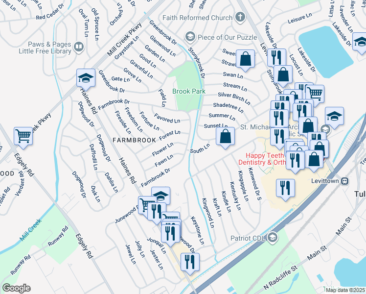 map of restaurants, bars, coffee shops, grocery stores, and more near 54 Flower Lane in Levittown