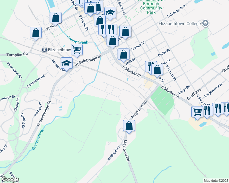 map of restaurants, bars, coffee shops, grocery stores, and more near 7 Broken Arrow Drive in Elizabethtown