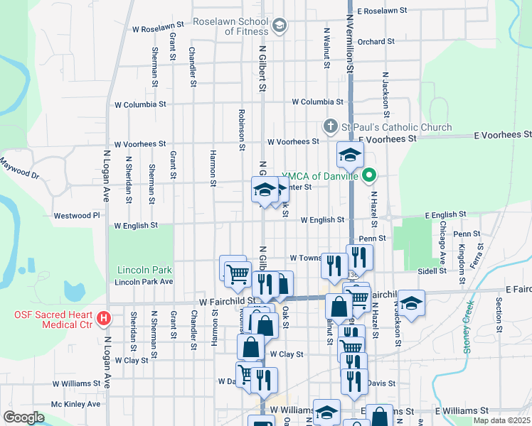 map of restaurants, bars, coffee shops, grocery stores, and more near 1100 North Gilbert Street in Danville