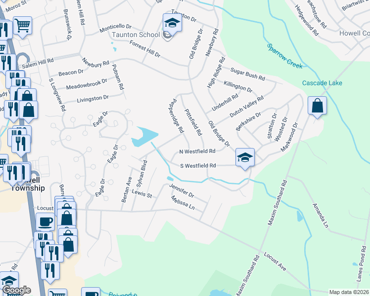 map of restaurants, bars, coffee shops, grocery stores, and more near 31 Pepperridge Road in Howell Township