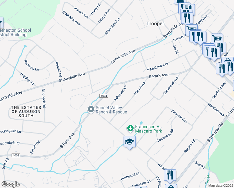 map of restaurants, bars, coffee shops, grocery stores, and more near 7 Ashwood Lane in Eagleville