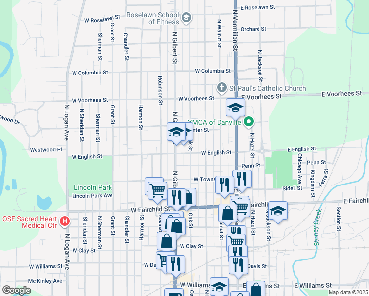 map of restaurants, bars, coffee shops, grocery stores, and more near 1100 Oak Street in Danville
