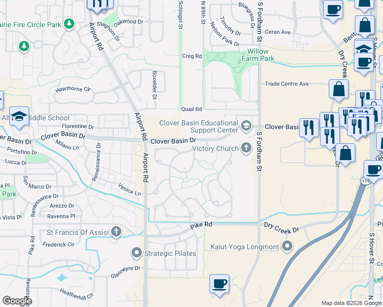 map of restaurants, bars, coffee shops, grocery stores, and more near 3548 Larkspur Circle in Longmont