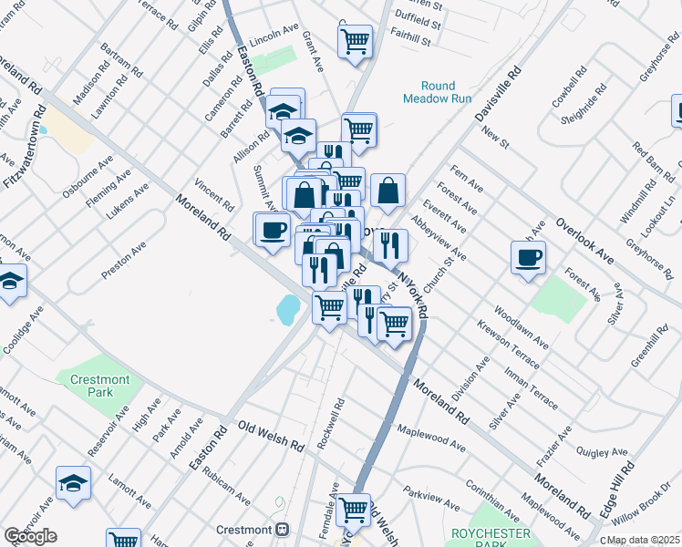 map of restaurants, bars, coffee shops, grocery stores, and more near 205 Easton Road in Willow Grove