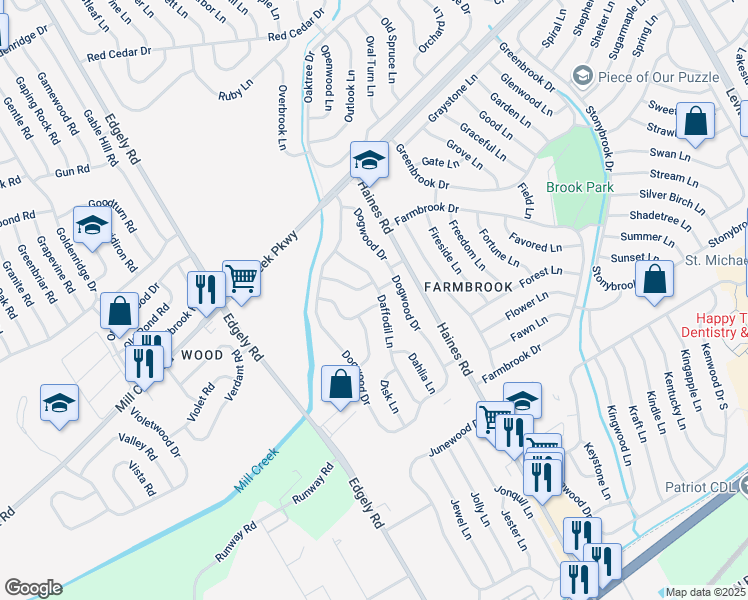 map of restaurants, bars, coffee shops, grocery stores, and more near 43 Deepgreen Lane in Levittown