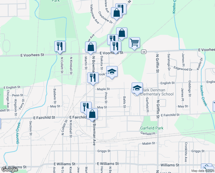 map of restaurants, bars, coffee shops, grocery stores, and more near 1101 Dakota Street in Danville