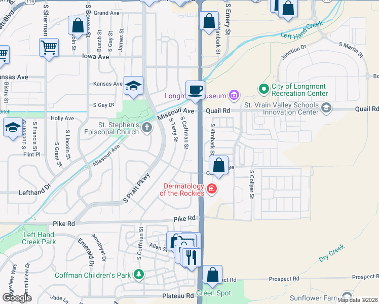 map of restaurants, bars, coffee shops, grocery stores, and more near 1344 South Coffman Street in Longmont