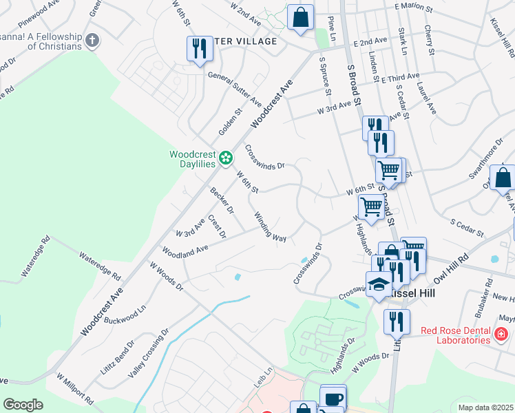 map of restaurants, bars, coffee shops, grocery stores, and more near 72 Winding Way in Lititz
