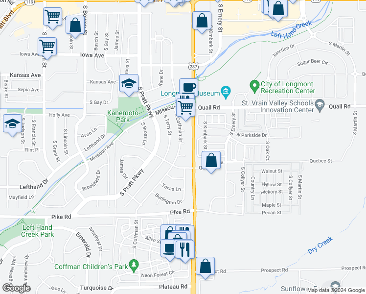map of restaurants, bars, coffee shops, grocery stores, and more near 1316 South Coffman Street in Longmont