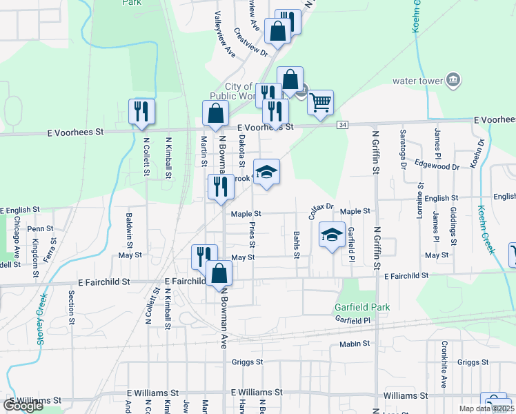 map of restaurants, bars, coffee shops, grocery stores, and more near 1098 East English Street in Danville