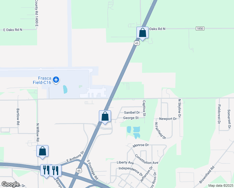 map of restaurants, bars, coffee shops, grocery stores, and more near 1502 Airport Road in Urbana