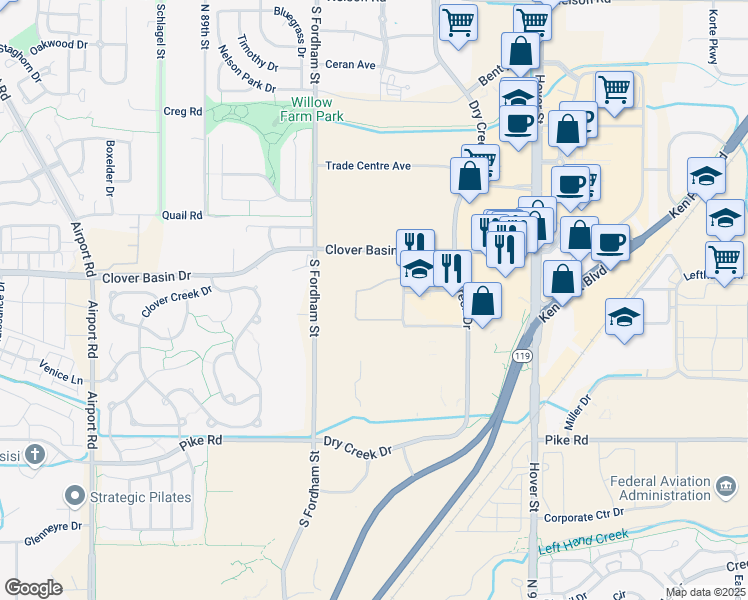 map of restaurants, bars, coffee shops, grocery stores, and more near 2501 Clover Basin Drive in Longmont