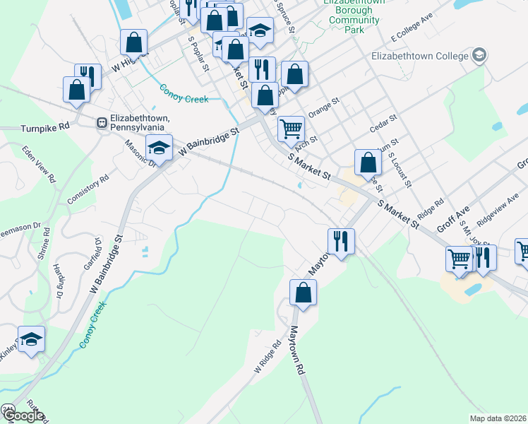 map of restaurants, bars, coffee shops, grocery stores, and more near 380 Masonic Drive in Elizabethtown