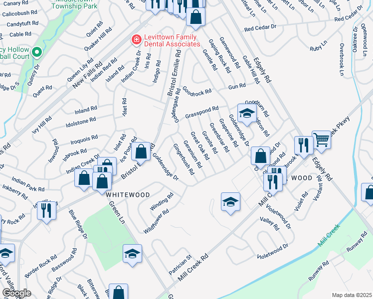 map of restaurants, bars, coffee shops, grocery stores, and more near 39 Geranium Road in Levittown