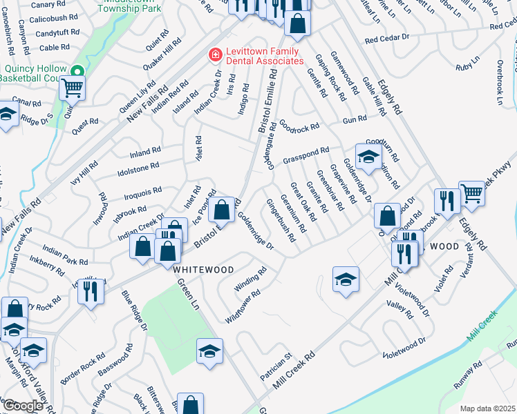 map of restaurants, bars, coffee shops, grocery stores, and more near 31 Grand Pine Road in Levittown