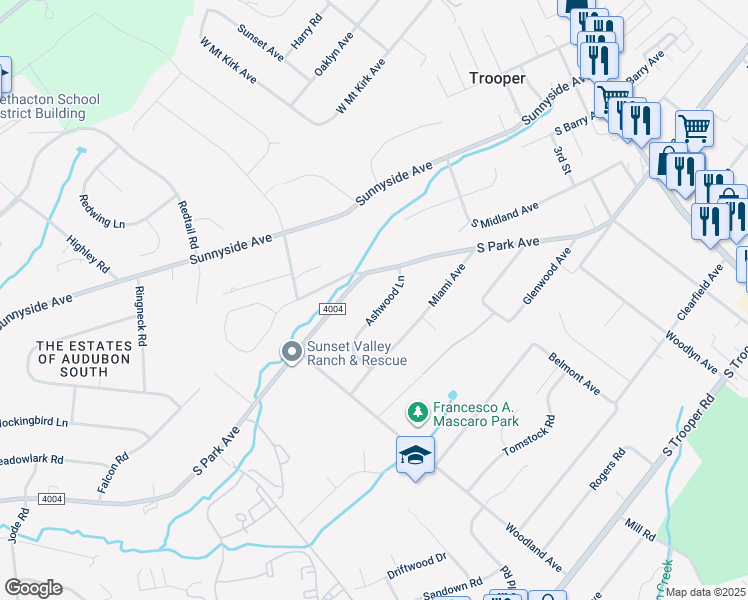map of restaurants, bars, coffee shops, grocery stores, and more near 7 Ashwood Lane in Eagleville
