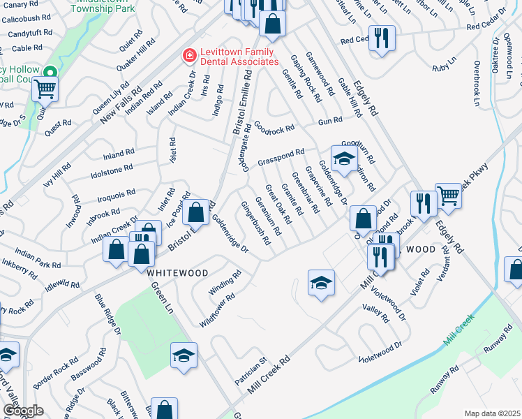 map of restaurants, bars, coffee shops, grocery stores, and more near 39 Geranium Road in Levittown