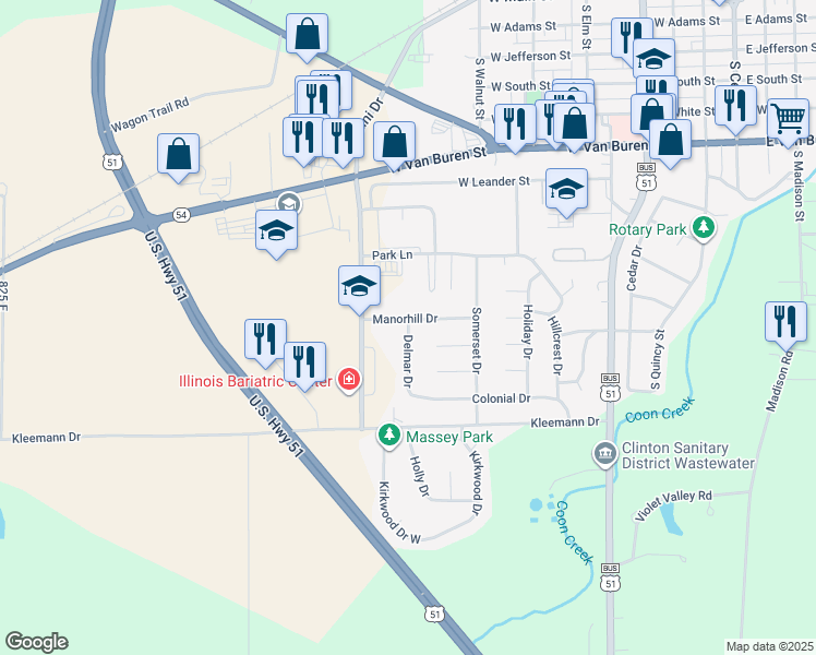 map of restaurants, bars, coffee shops, grocery stores, and more near 11 Delmar Drive in Clinton