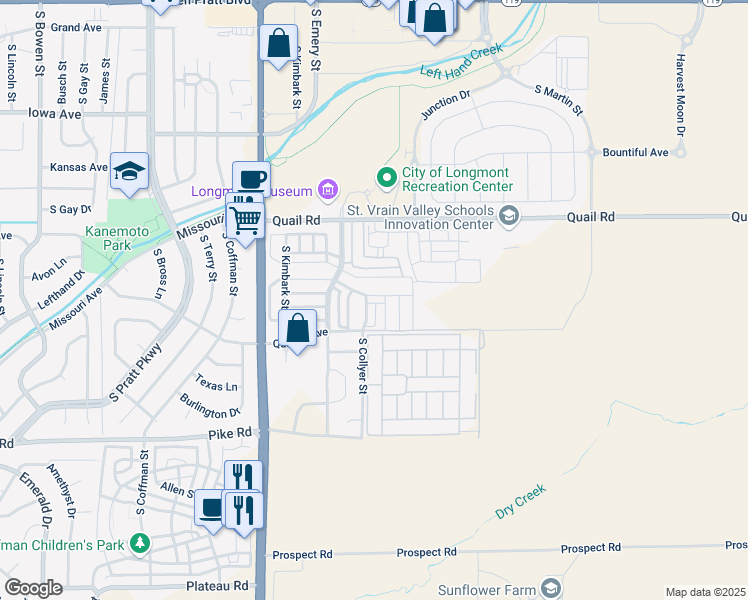 map of restaurants, bars, coffee shops, grocery stores, and more near 311 South Parkside Drive in Longmont