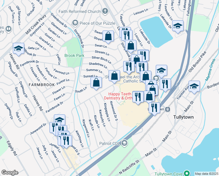 map of restaurants, bars, coffee shops, grocery stores, and more near 170 Kenwood Drive North in Levittown