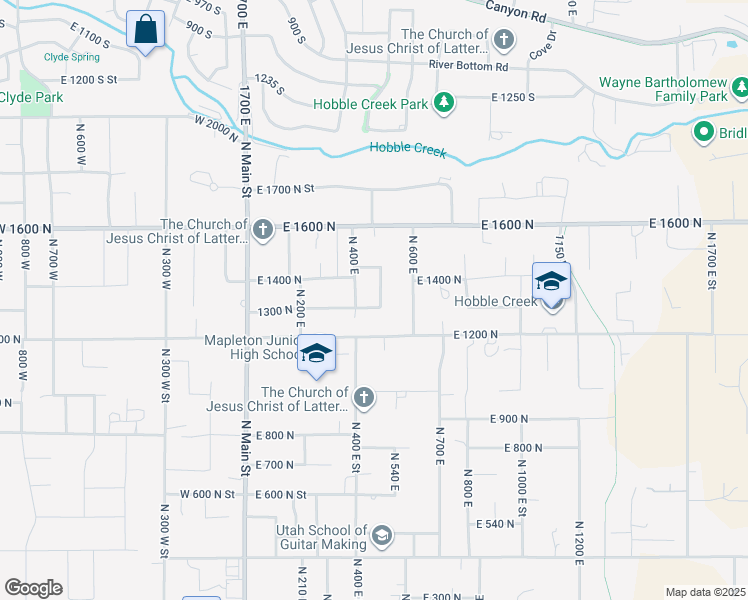 map of restaurants, bars, coffee shops, grocery stores, and more near 1329 500 East in Mapleton