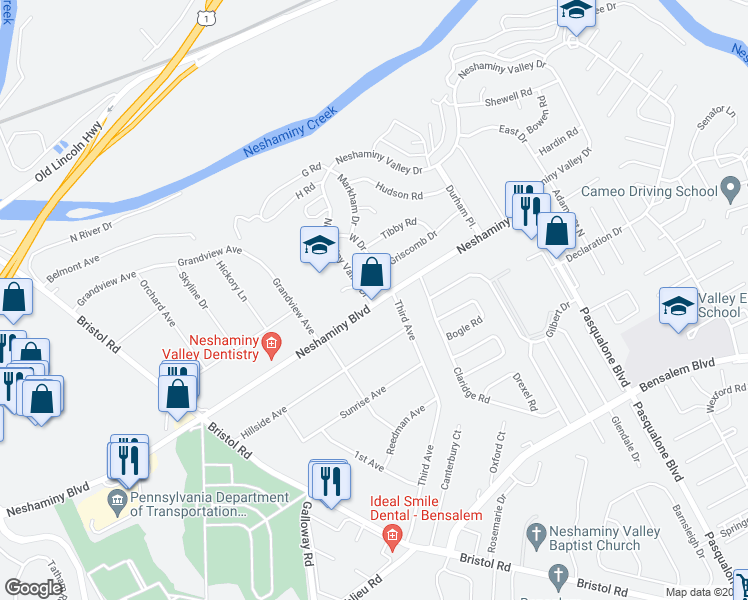 map of restaurants, bars, coffee shops, grocery stores, and more near 1002 Neshaminy Valley Drive in Bensalem