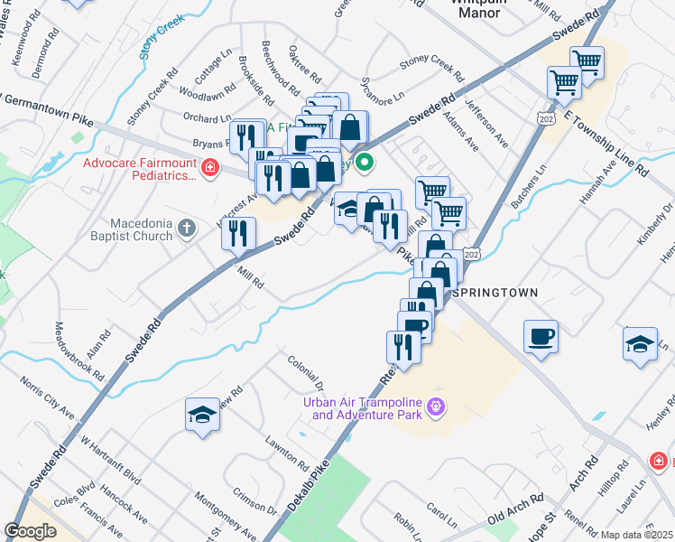 map of restaurants, bars, coffee shops, grocery stores, and more near 135 Mill Road in Norristown