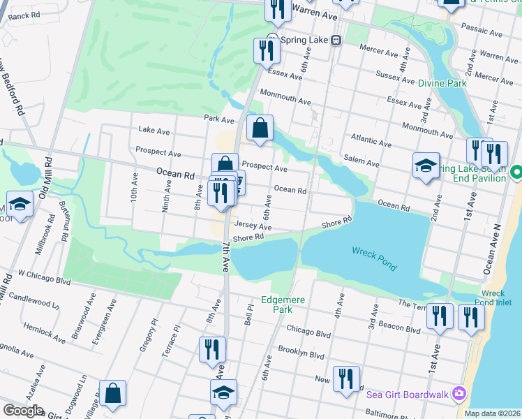 map of restaurants, bars, coffee shops, grocery stores, and more near 602 Central Avenue in Spring Lake