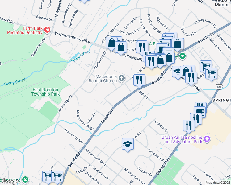 map of restaurants, bars, coffee shops, grocery stores, and more near 2616 Hillcrest Avenue in Norristown