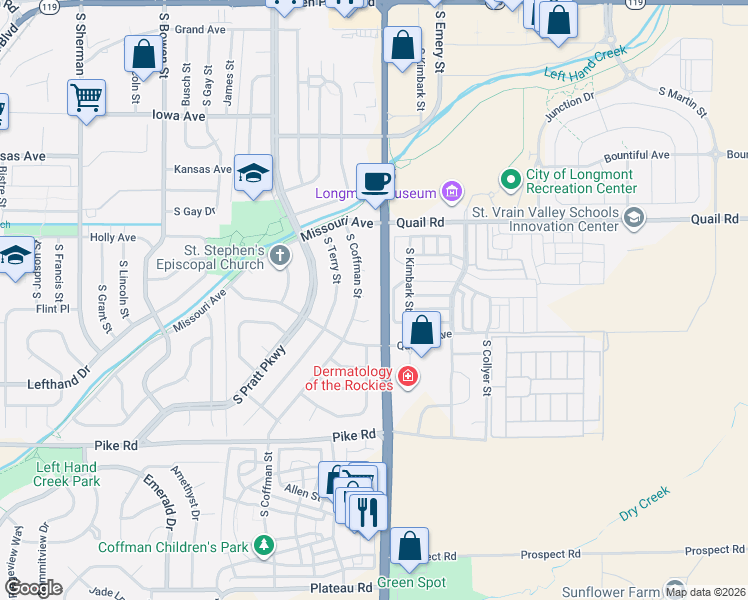 map of restaurants, bars, coffee shops, grocery stores, and more near 1316 South Coffman Street in Longmont