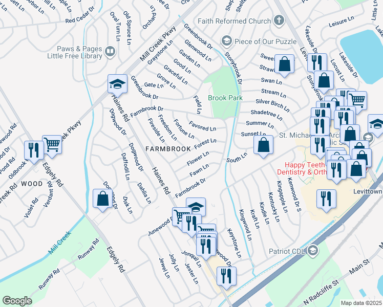 map of restaurants, bars, coffee shops, grocery stores, and more near 26 Forest Lane in Levittown