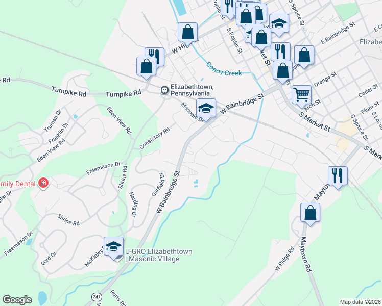 map of restaurants, bars, coffee shops, grocery stores, and more near 472 West Bainbridge Street in Elizabethtown