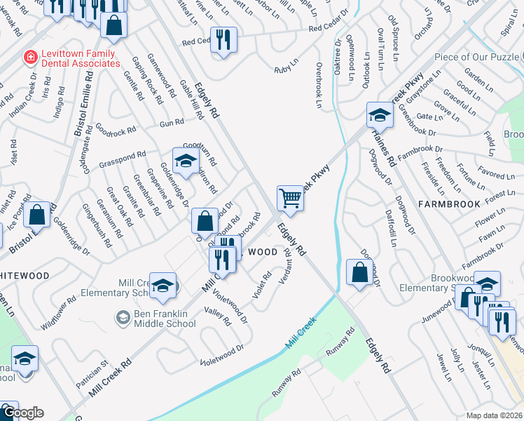 map of restaurants, bars, coffee shops, grocery stores, and more near 70 Oldbrook Road in Levittown