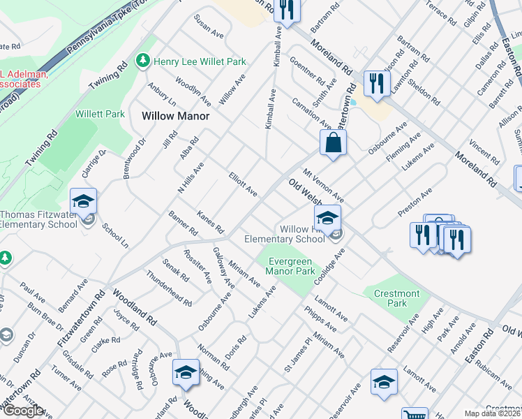 map of restaurants, bars, coffee shops, grocery stores, and more near 1705 Fitzwatertown Road in Willow Grove